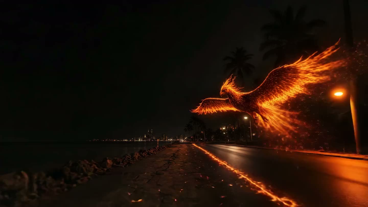 Cinematic ember phoenix gliding low over a Miami coastal road at night, a glowing molten seam cooling along the fresh black asphalt behind it