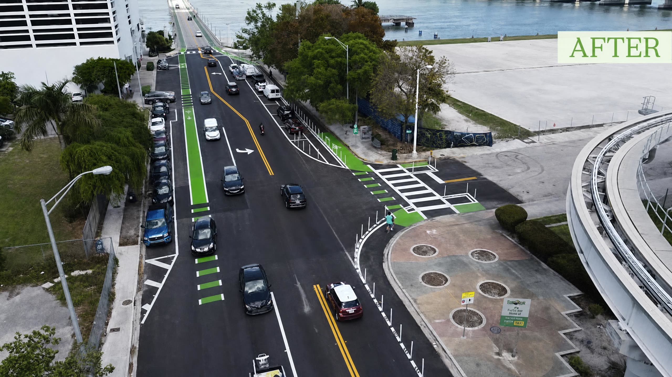 City street in Miami freshly repaved with smooth black asphalt and new lane markings