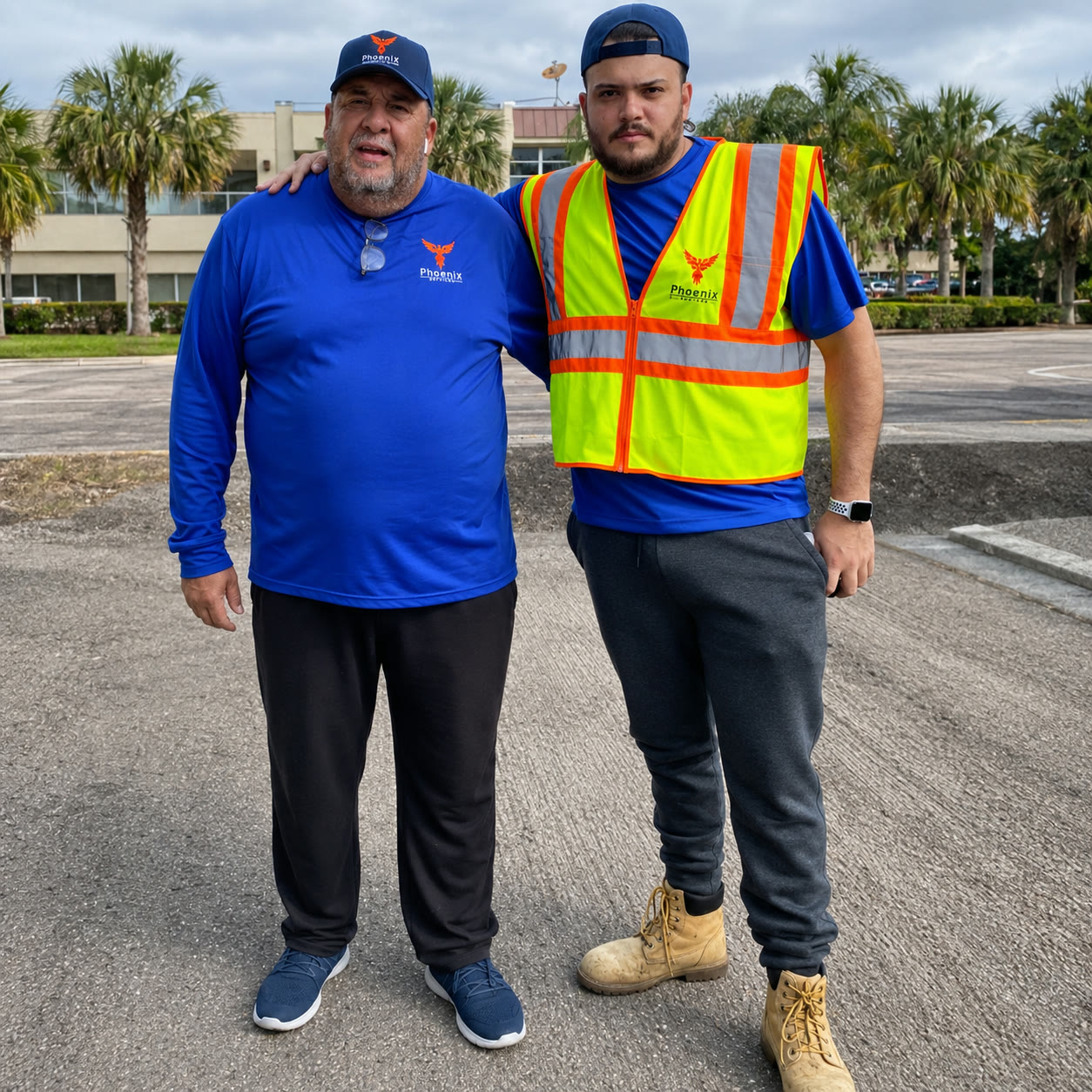 Joseph Perez Sr. and Joseph Perez Jr. of Phoenix Concrete Plus standing on a jobsite in company gear